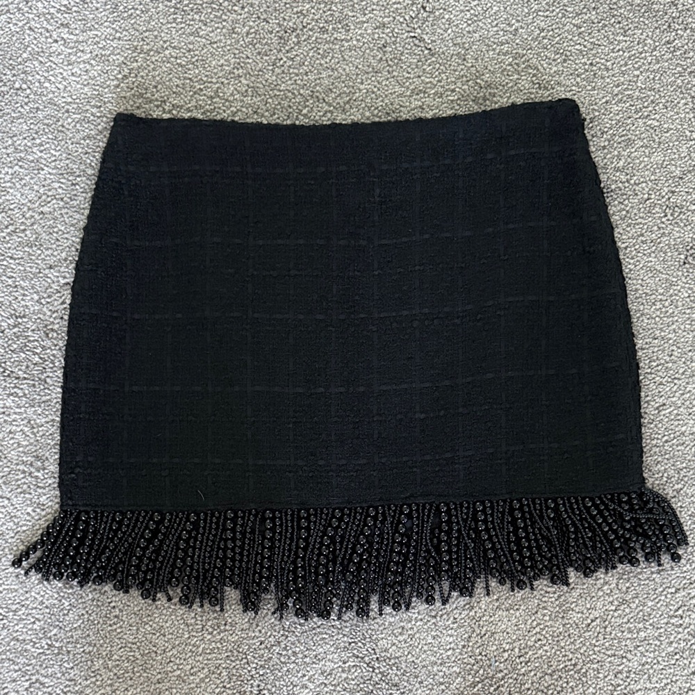 Mango Black Textured Mini Skirt with Fringe